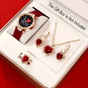 5pcs Elegant Women's Watch & Jewelry Set, Red PU Leather Strap Quartz Watch with Red Heart Rhiestone Necklace, Earrings & Ring - Elegant Gift for Birthdays,, Valentine's Day (Boxes Not Included)