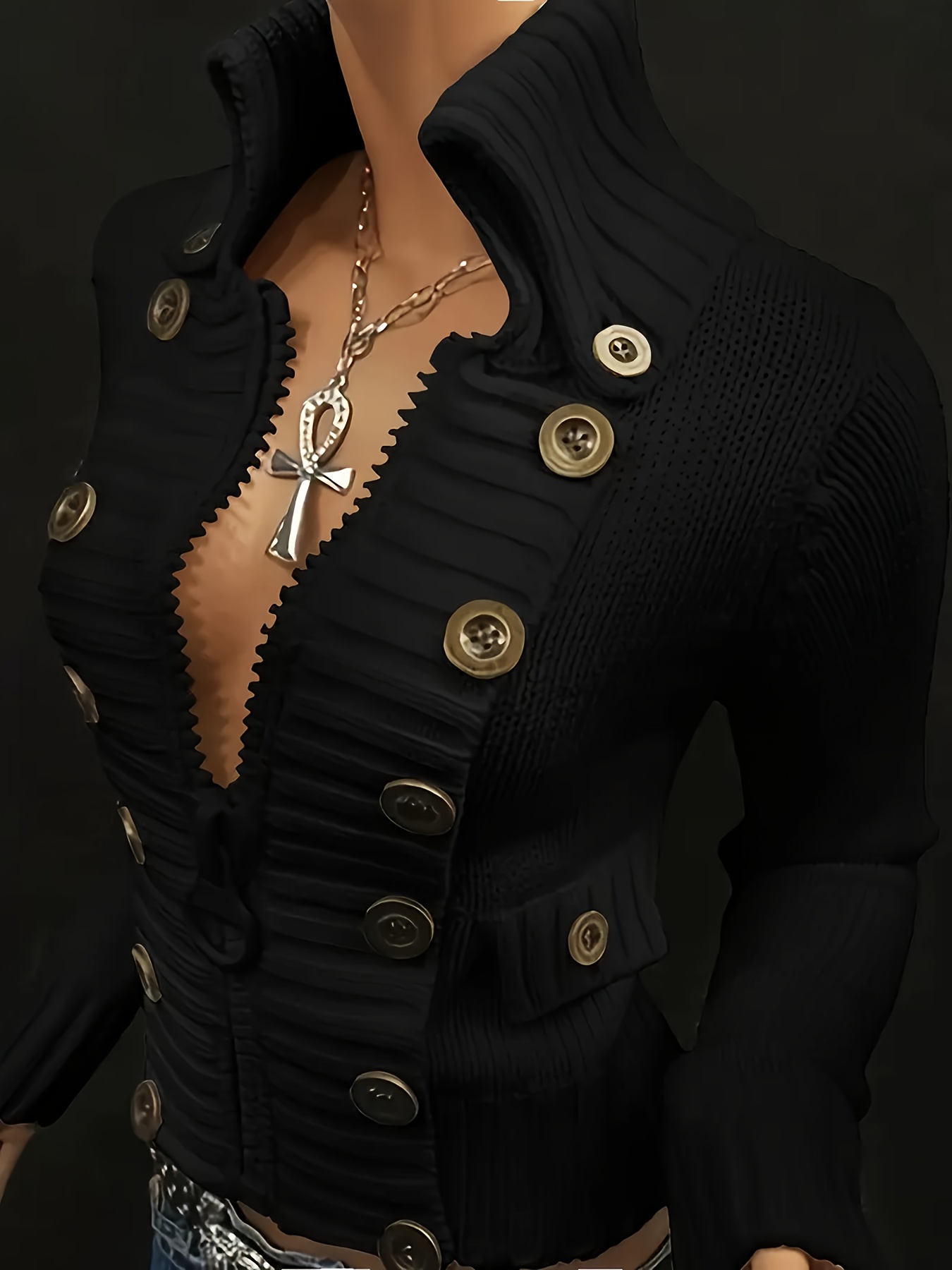 Women'S Elegant Round Neck Cardigan with Zipper & Button Details - Solid, Long Sleeve, Fall/Winter Fashion, Casual Chic Style, Perfect for Casual Attire - Image 2