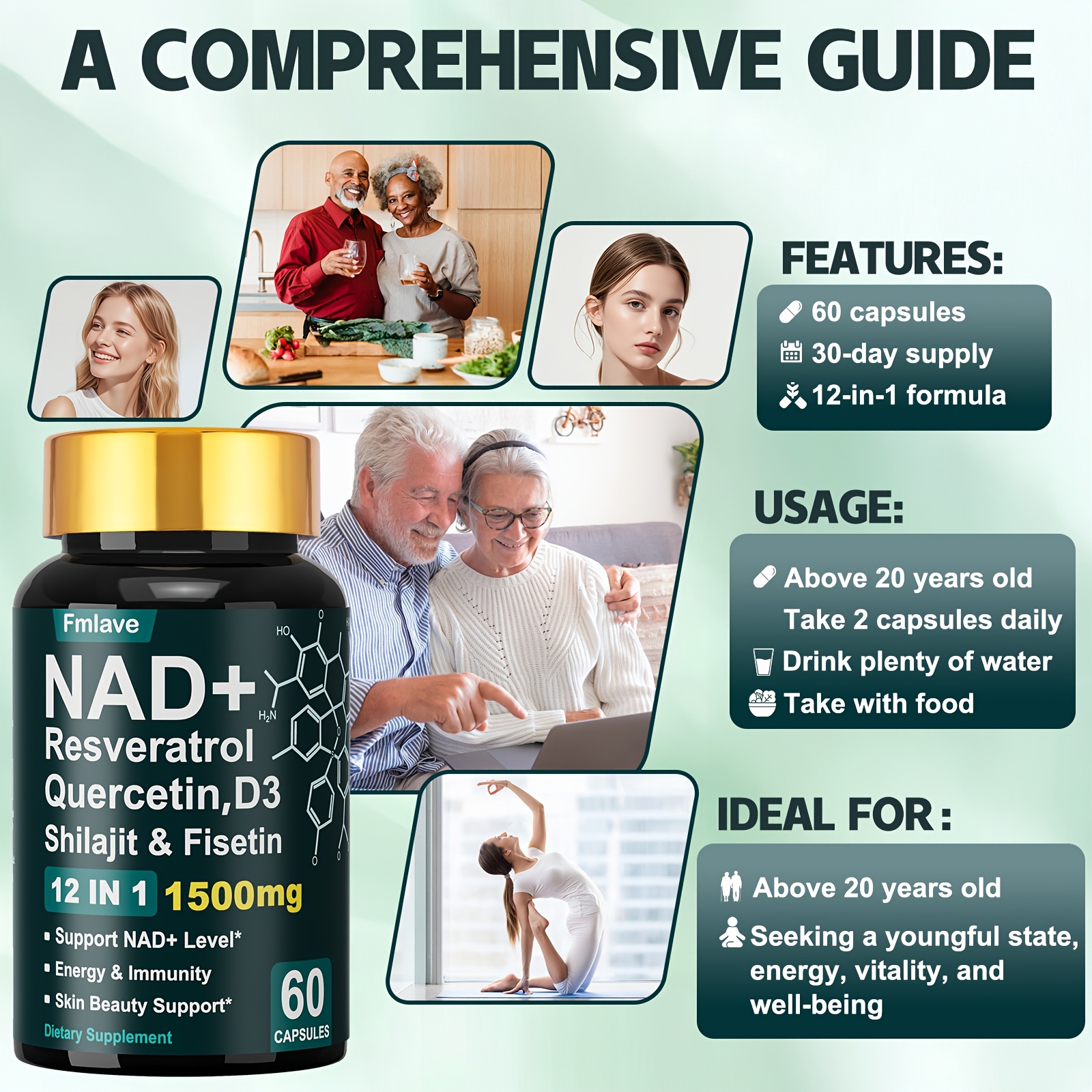 NAD+ Beauty Support Supplement, 12-in-1 Cellular Energy with Resveratrol, Fisetin, Turmeric & Black Pepper, Support Immunity & Brain Health for Women & Men, 30 Days Supply - Image 6