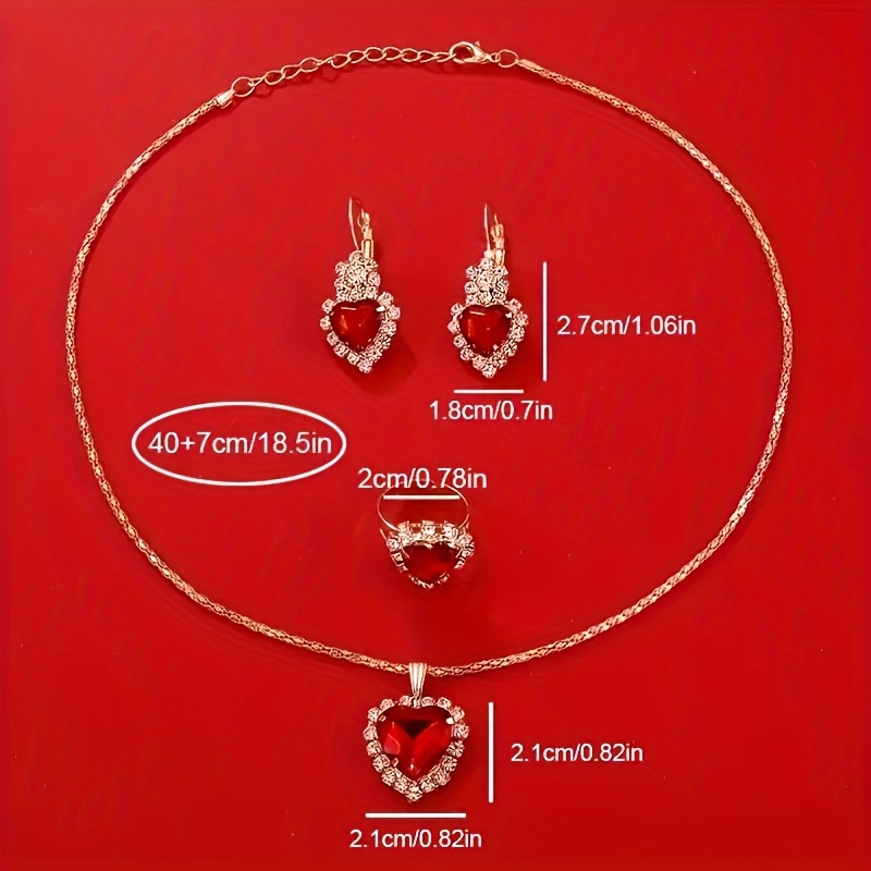 5pcs Elegant Women's Watch & Jewelry Set, Red PU Leather Strap Quartz Watch with Red Heart Rhiestone Necklace, Earrings & Ring - Elegant Gift for Birthdays,, Valentine's Day (Boxes Not Included) - Image 5