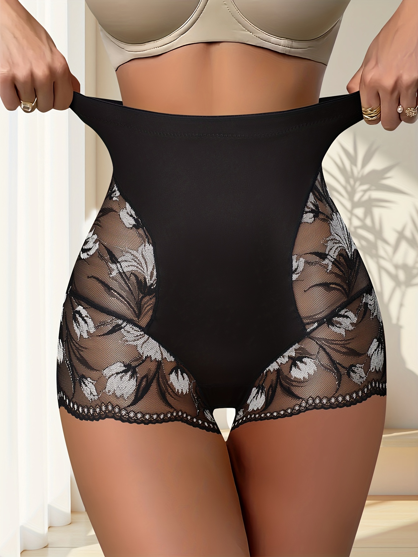 3pcs QUASTI Women's High-Waisted Tummy Control Underwear - Butt-Lifting Shaping Briefs with Lace Trim, Opaque Full Coverage Shaping Panties, Tummy Control & Posture, No Padding (Triangle Cut) for Casual Attire (Sensitive Beige)