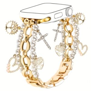 1pc Elegant Golden-Tone Heart & Star Charm Watch Strap for Apple Ultra 1/2 Series 10/9/8/7/6/5/4/3/2/1 - Adjustable, Comfortable Fit, Dainty Chain Link Design with Sparkling Accents, Perfect for Women'S Fashion Watches