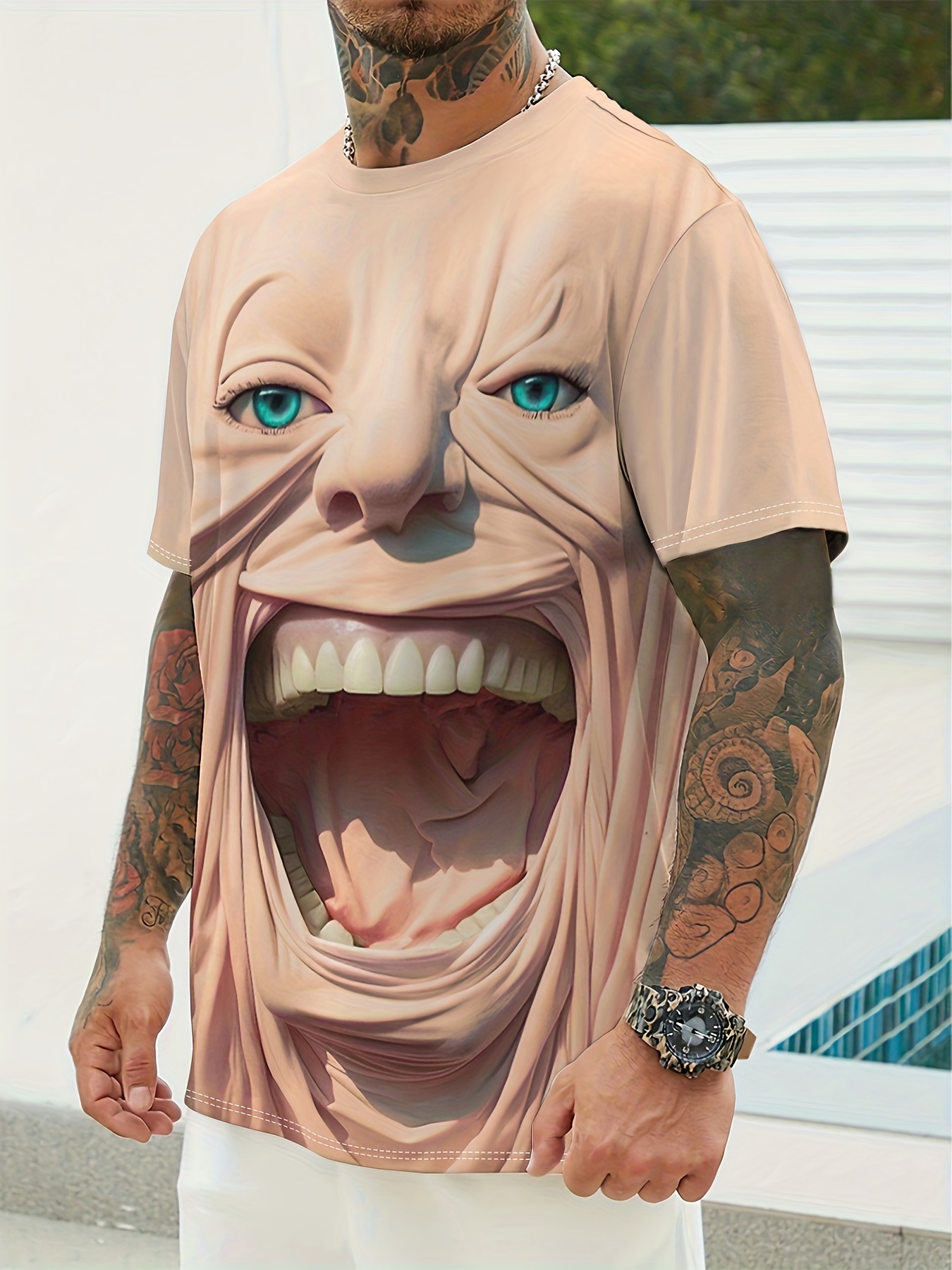 Men'S Graphic Tee - Summer Round Neck Short Sleeve Shirt, Casual Street Style, Lightweight Polyester, Striking Graphic Design, Everyday Wear | Bold Face Art | Lightweight Tee - Image 6