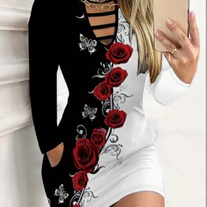 Women's Fashion Printed Dress with Round Neckline - New Arrival