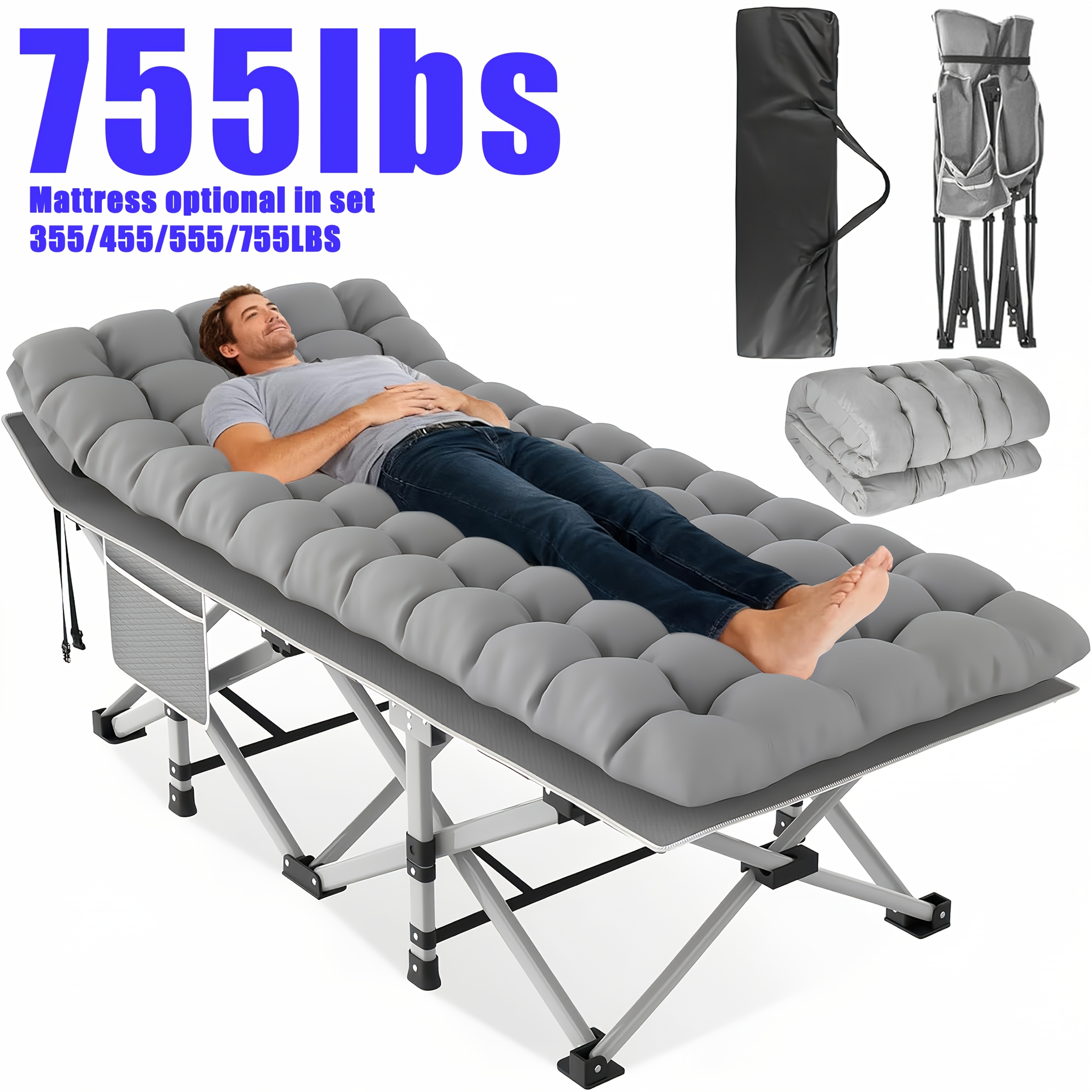 Outdoor Folding Bed With Mattress, Portable Adult Sleeping Cot With Carry Bag, 755/655/555/455/355 Lbs Weight Capacity Foldable Guest Bed/Camping Cot - Ideal For Teens And Adults, Suitable For Travel, Yard, Use. Yard Furniture, Patio Folding Chair
