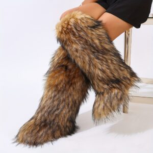 Women's Knee-High Faux Fur Boots with Round Toe, Pull-On Closure, Flat Heel, PVC Sole – Fashionable and Comfortable Flannel Lined Footwear with Superfine Fiber Upper and Insole