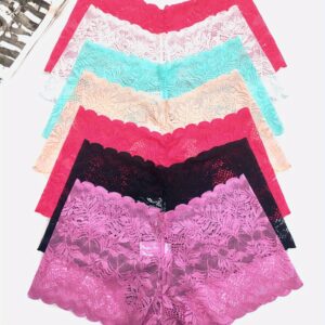 7pcs Women's Lace Sexy Lace Pattern Briefs, Transparent Wave Lace Mid-Rise, Soft Stretch Comfort, Floral Design, Dopamine Colors