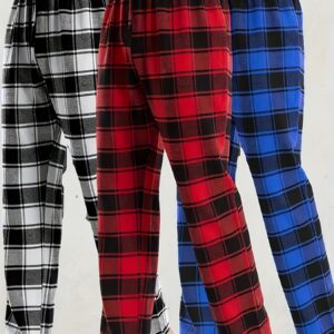 3pcs Men'S Casual Plaid Pants - All-Season Comfort, Non-Stretch Fabric, Regular Fit with Heat Transfer Print, Black/White/Red/Blue/Gray Checkered Design for Year-Round Loungewear & Casual Attire, Comfortable Pajamas, Trendy Pants, Durable Pants