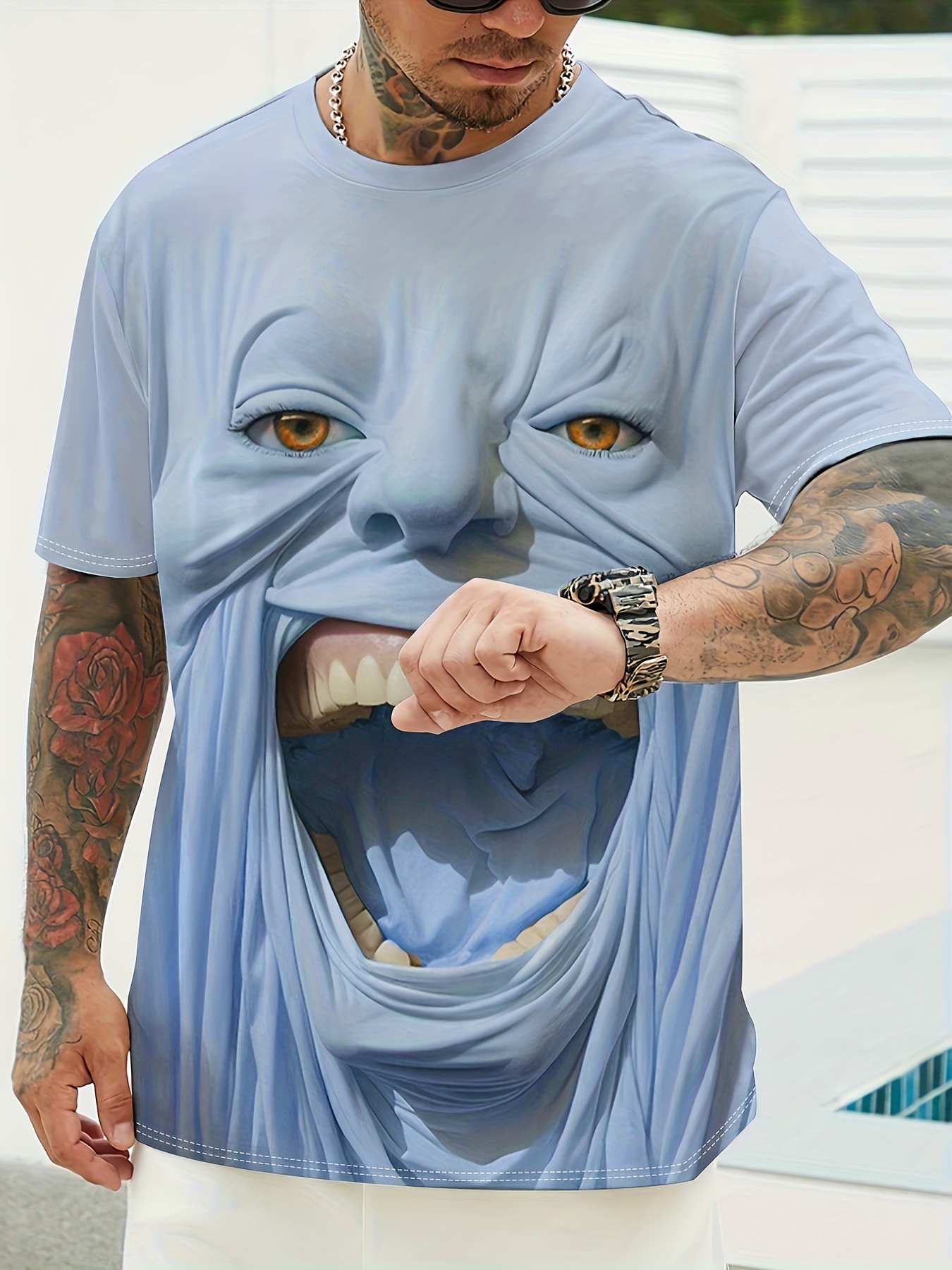 Men'S Graphic Tee - Summer Round Neck Short Sleeve Shirt, Casual Street Style, Lightweight Polyester, Striking Graphic Design, Everyday Wear | Bold Face Art | Lightweight Tee - Image 7