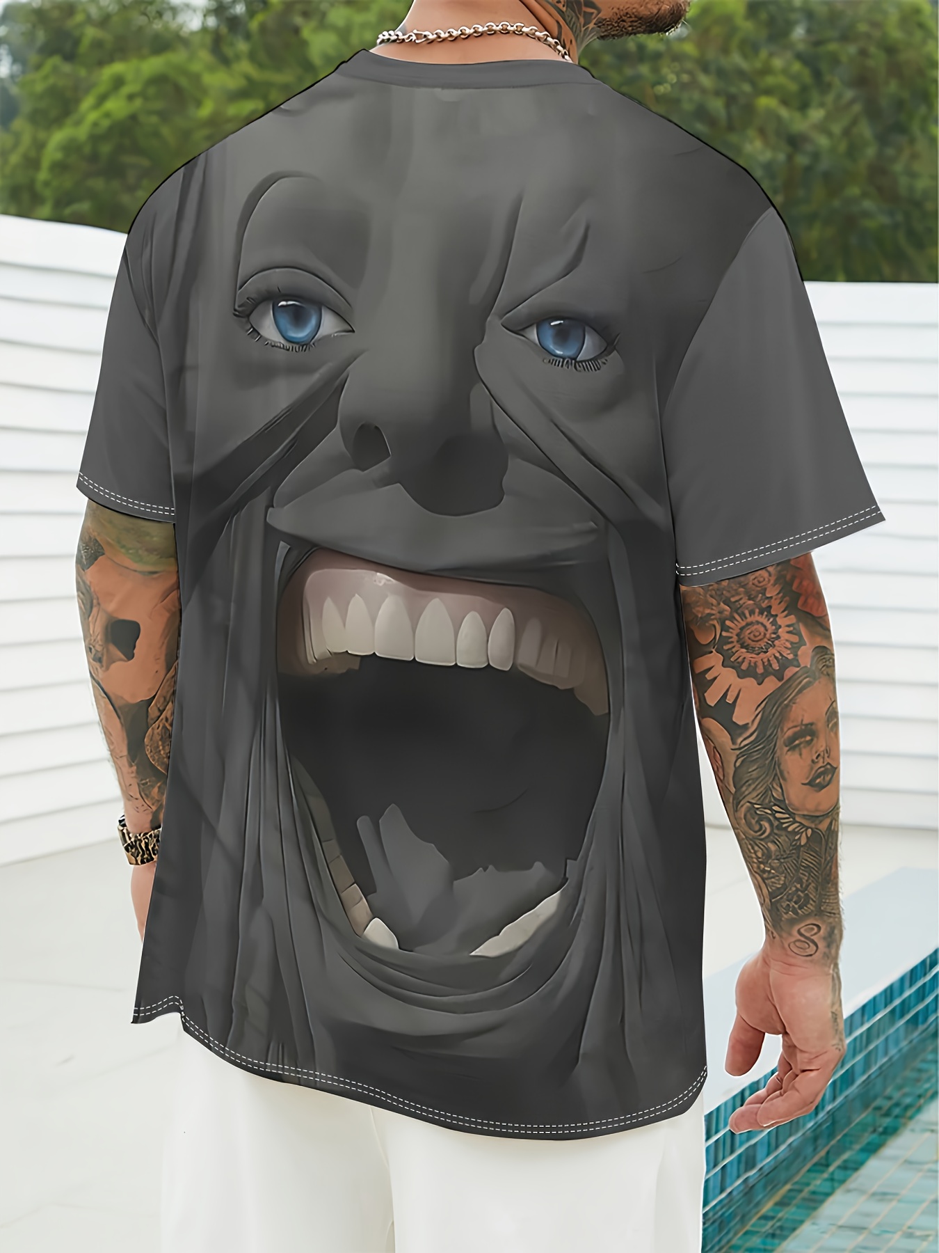 Men'S Graphic Tee - Summer Round Neck Short Sleeve Shirt, Casual Street Style, Lightweight Polyester, Striking Graphic Design, Everyday Wear | Bold Face Art | Lightweight Tee - Image 9