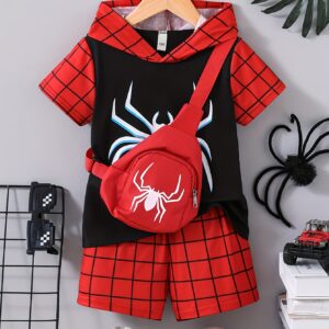 3pcs set of boys' casual and fashionable spider pattern printed short-sleeved hoodies and spider web pattern digital printed shorts and spider bag pattern printed suit, boys' summer comfortable and lightweight trendy sportswear, suitable for outdoor sports and daily wear, can be used as a gift