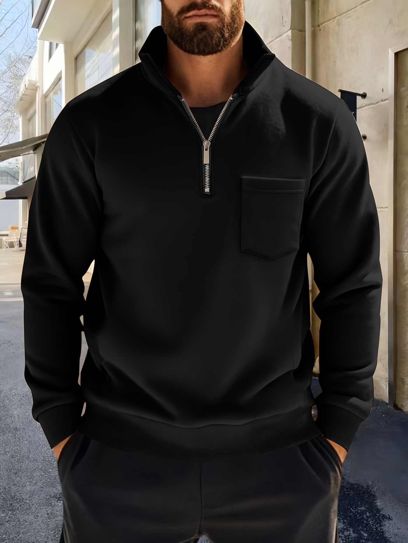 Men'S Thickened Long-Sleeve Shirt - Half-Zip, Versatile Long-Sleeve Polo Shirt, Casual And Adaptable, Featuring a Chest Pocket, Suitable for Autumn/Winter. - Image 4