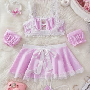 5pcs Sexy Lingerie Set Includes top, mini skirt, panties, arm sleeves, and collar Free lace hairband included Lace-trimmed maid uniform lingerie Bedroom attire Seductive role-play costume Soft fabric Uniform style Bedroom aesthetic Women's fashion