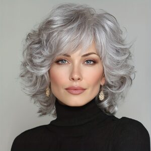 12-inch Women's Elegant Gray Bangs Curly Wig with High-Temperature Synthetic Fiber & Rose Net - Body Gray Hair Suitable for Cosplay, Parties, Daily Wear - -Resistant Wig for Light Beige Tones & Occasions