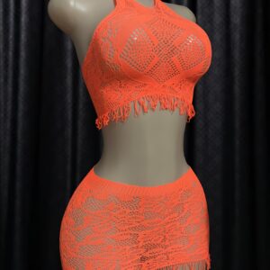 2pcs Orange Sexy Lash Sets for Women | Halter Neck, Backless, Tassel-Trimmed Bodysuit and Mini Skirt, Ideal for Beach Cover-Ups, Dates, and Festive Gifts