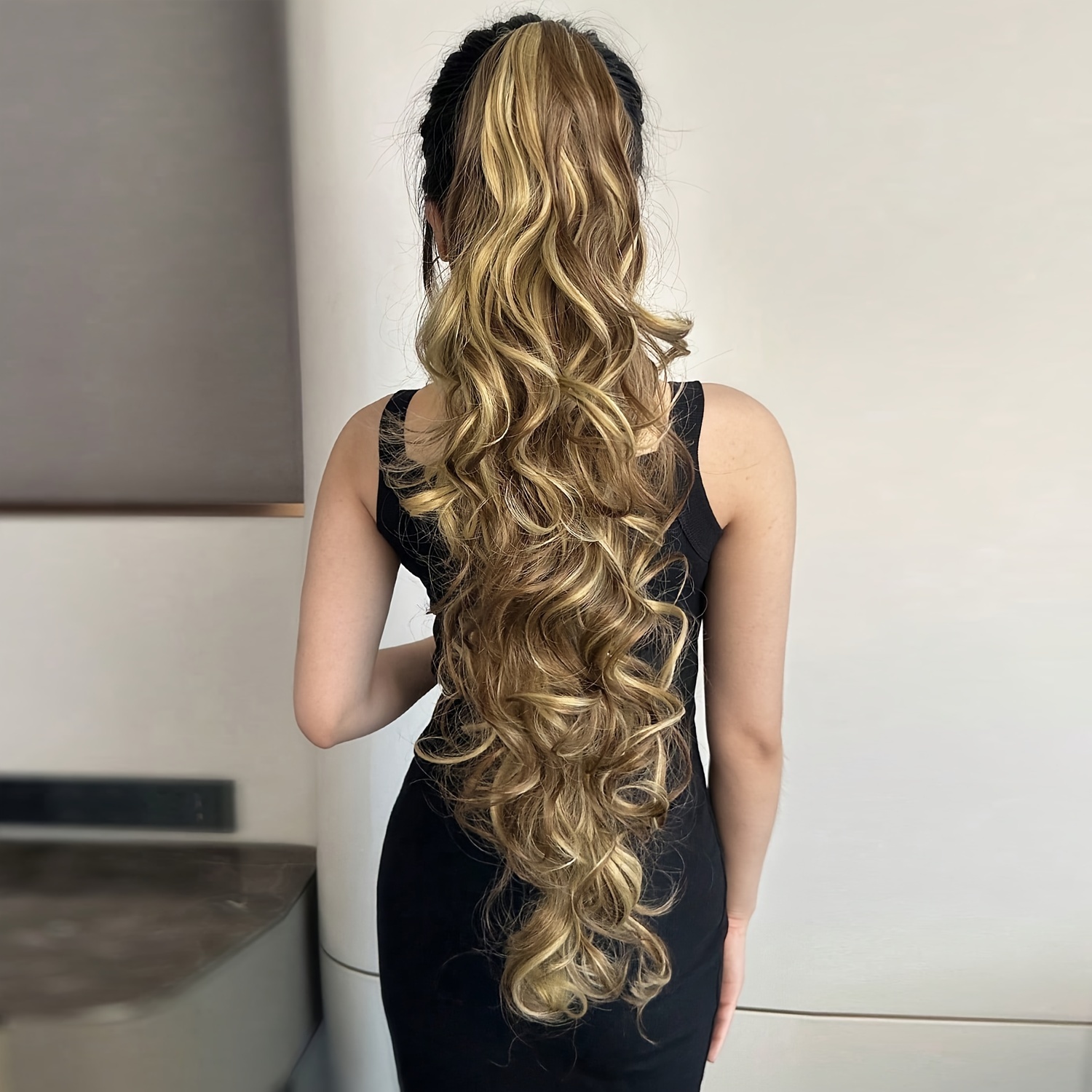 Women's Clip-In Ponytail Hair Extensions, Voluminous Wavy Curly Synthetic Hairpiece with Clip-On Attachment, Long Ponytail for Volume & Length, Soft Waves for Short Hair, Dark Brown/Black, for Parties, Weddings & Daily Use - Image 3