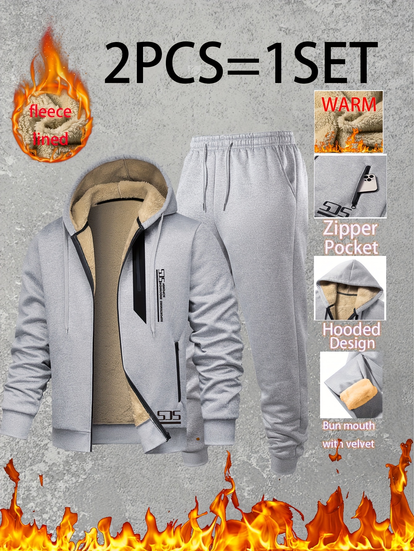 2-Piece Men's Hooded Tracksuit with Drawstring Joggers, Soft Plush Warm Sportswear, Winter Warm Set, Zip-Up Hooded Jacket and Cuffed Joggers, Light Beige-Friendly Soft Fabric, for Home Leisure, Sports, Shopping, Full-Zip Hoodie and Matching Joggers - Image 3