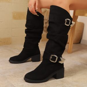 [Burgundy Chunky Boots] Women's Burgundy Chunky Platform Boots | Slip-On with Double Buckle & Strap Closure, Thick Platform Heel (4-5cm), Round Toe & TPR Sole - All-Season Comfortable Fabric Upper for Casual & Formal Outfits - Versatile All-Round Footwear, Everyday Shoes, Durable Construction, Breathable Lining, Fashion, Office Wear