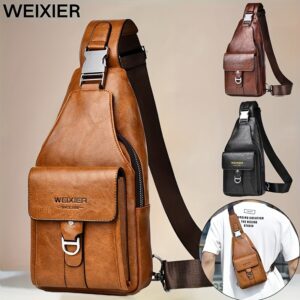 [Vintage Chest Bag] WEIXIER Men's Vintage Casual Chest Bag | Large Capacity, Multi-Compartment, Faux Leather Sling Crossbody Pack