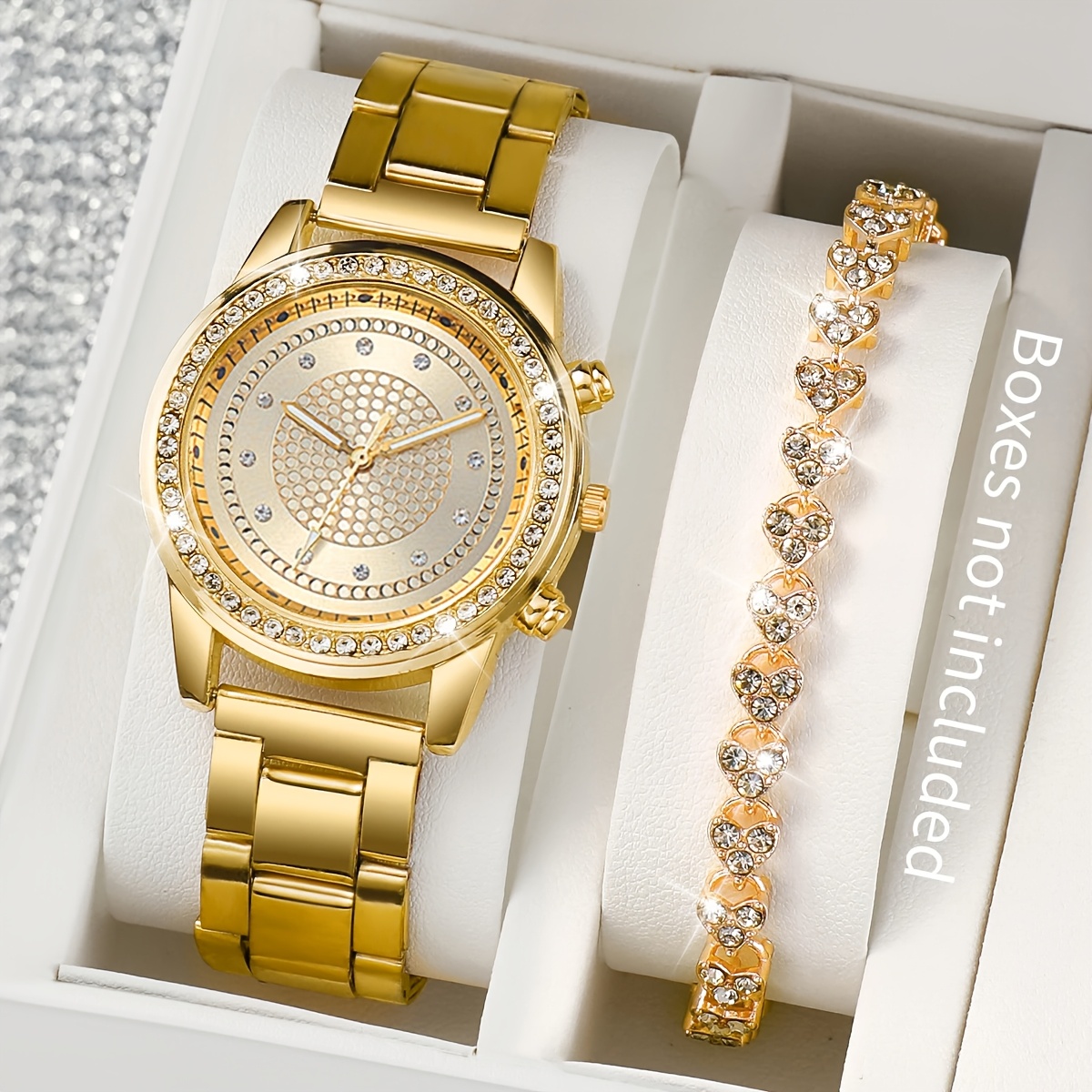 2pcs/set Women'S Watch and Bracelet Set | Gorgeous and Sparkly Quartz Watch with Rhinestones, Fashionable Jewelry Set, Non, Shock-resistant, Analog Display, Alloy Case and - Image 2