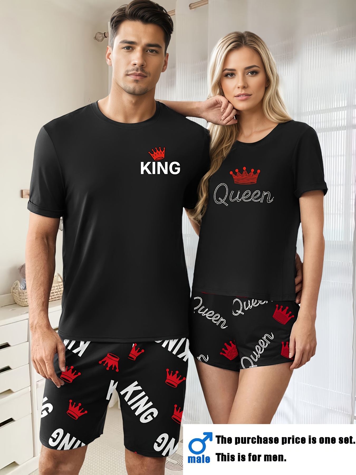MEN/WOMEN Couple Style King & Queen Letter Print Men's Short Sleeve Shorts Loungewear Set or Women's Short Sleeve Shorts Loungewear Set, Men's Set or Women's Set, 1 Set - Image 3
