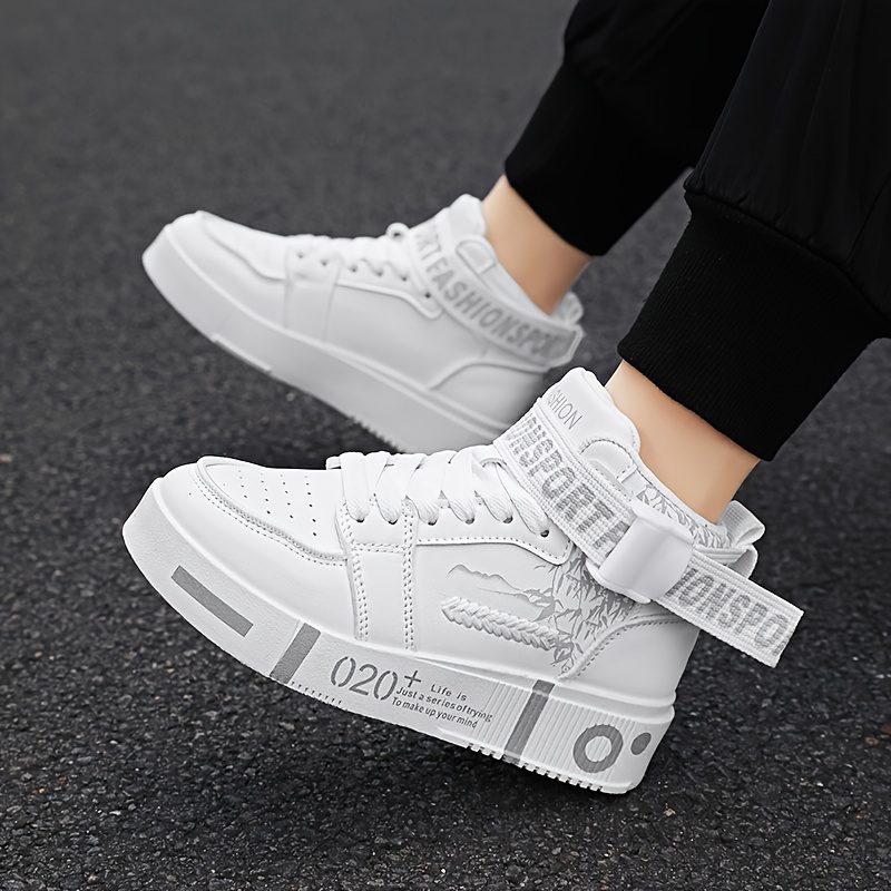 Men'S High-Top Casual Sneakers - White & Black Random Pattern, Synthetic Cover Upper, EVA Cushioned Sole, Breathable Fabric Lining, All-Season Comfort for Casual Attire, Comfortable Footwear, Modern Hightops, Durable Footwear, Sporty Design, Lightweight Construction, Urban Fashion - Image 6