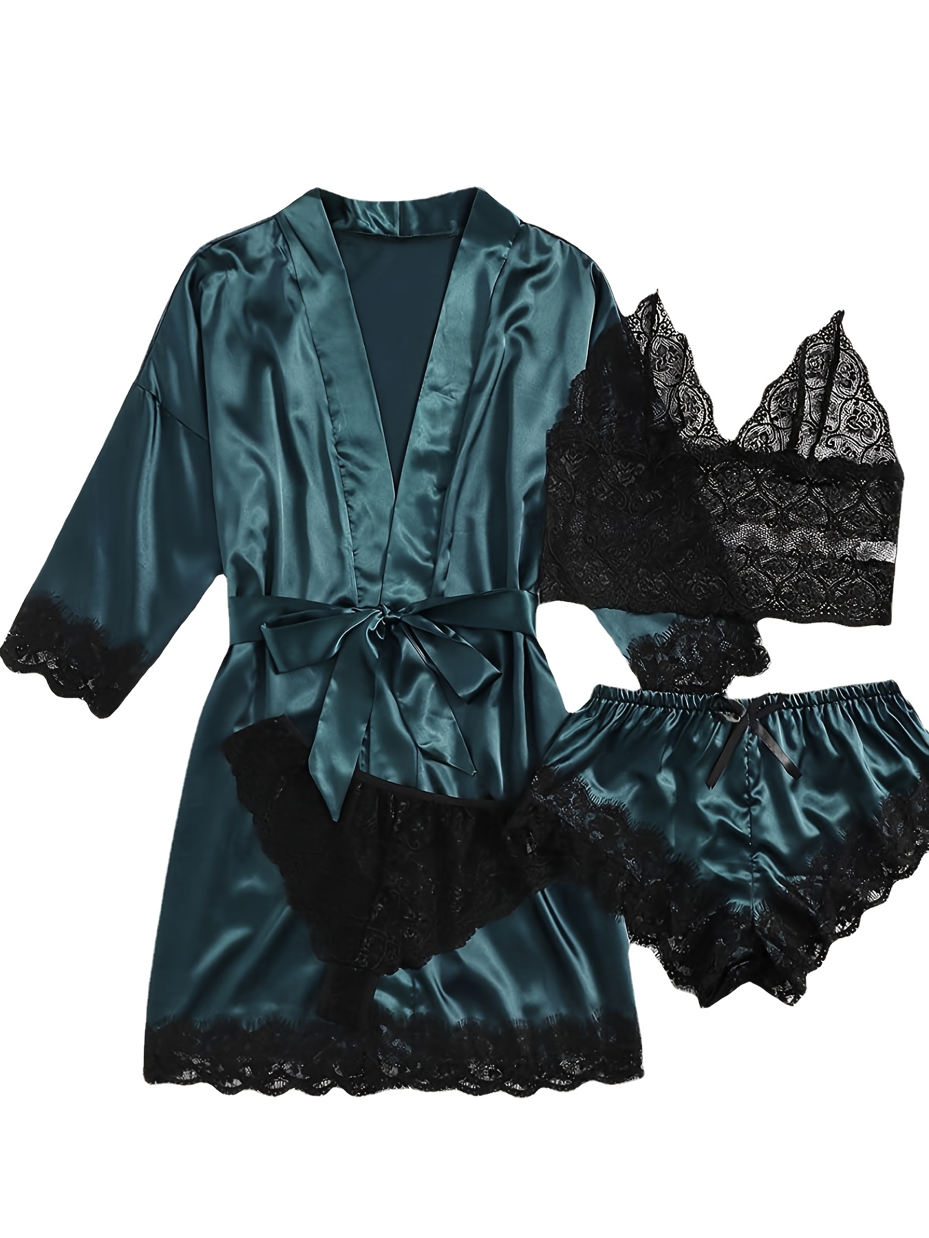 Ladies' Pajamas Homewear Bathrobe Five-Piece Set Multi-Color No Figure, Sexy, Solid Color, Contrast Lace, No Padding, with Belt, for Adult - Image 4