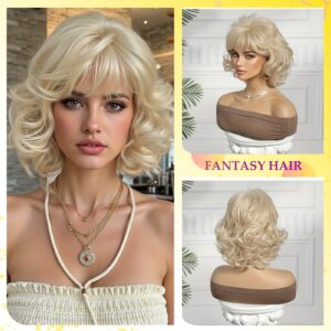 Blonde 12-inch Short Curly Wavy Synthetic Wig with Bangs, 130% Density, Rose Net Cap, Glue-free Wig, Suitable for Daily Wear, Parties, Cosplay, And Halloween