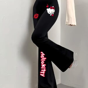 [Hello Kitty Flare Pants] Sanrio for hello kitty Women's High-Waisted Flare Pants with Red Bow & White Polka Dots - Cute Cartoon Print, Black Casual Bell Bottoms for Casual Attire, All-Season Comfort, Comfortable Fashion, Playful Design, Durable Fabric