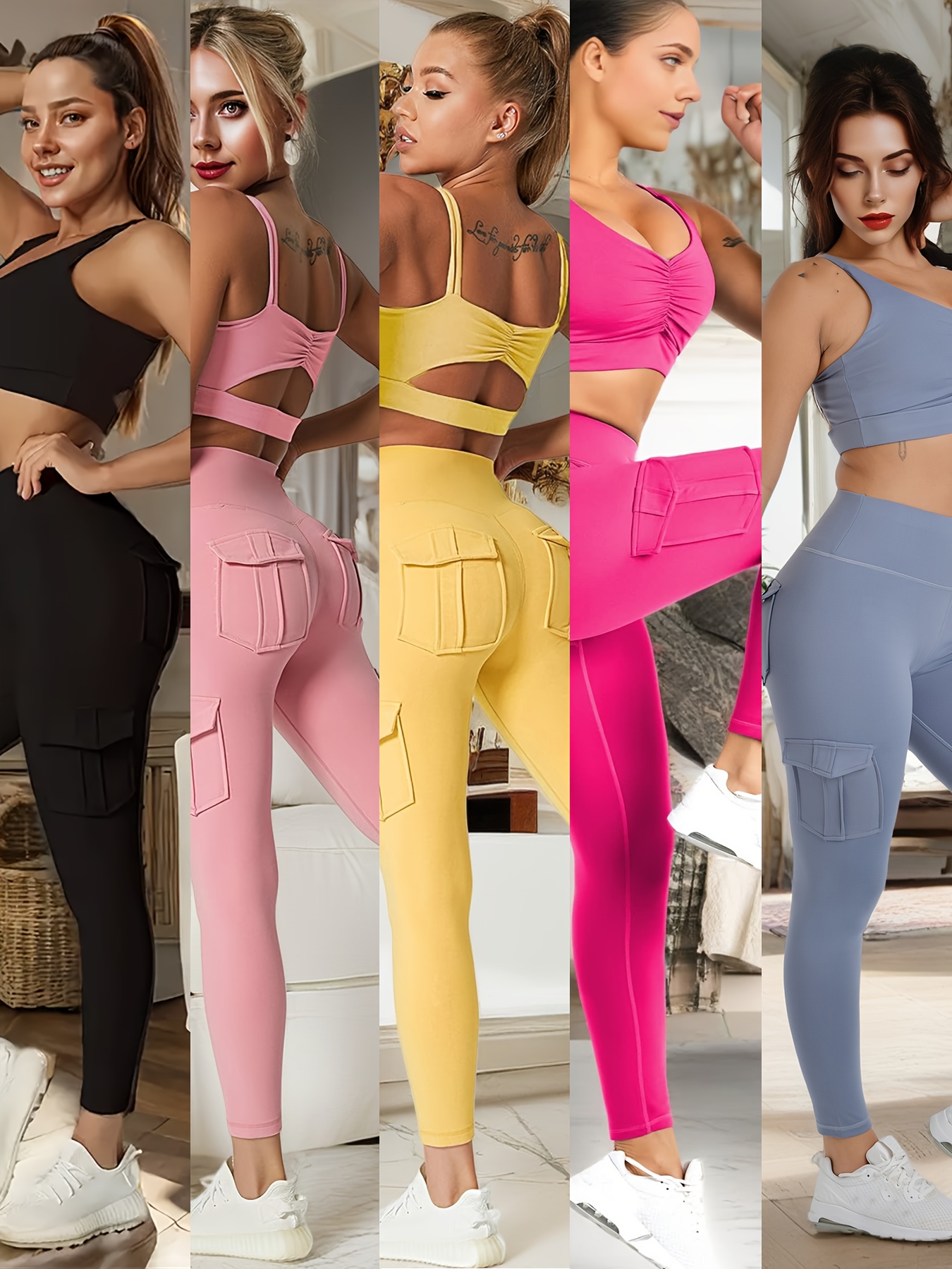 5pcs High Waist Yoga Leggings with 4 Pockets, Multipack Butt Lifting Tummy Control Workout Running 4 Way Stretch Cargo Sports Pants, 5pcs Leggings Set - Image 10