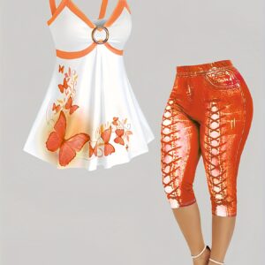 Targeted Development of Popular New Styles for Women'S Casual Outfits in Europe And America, Featuring Butterfly Print Tank Tops And Pants Sets.