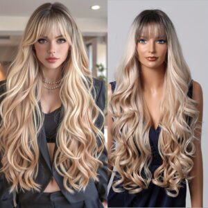 Golden Brown Curly Hair Wig with Bangs - Long Straight-to-Wavy Transition Loose Wave Synthetic Hair, Heat-Resistant -Looking Volume & Length for Women, Rose Net for Daily Wear, Parties, Vacations, Christmas, Valentine's Day