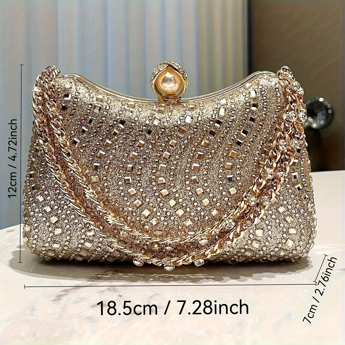 5pcs Women's Elegant Rhinestone-Embellished Evening Handbag & Crossbody - Convertible Shoulder/Dance Party Wedding Accessory with Necklace, Earrings, Bracelet & Ring Gift Set (Golden) Suitable for Prom, Gala, Dinner Parties - Image 8