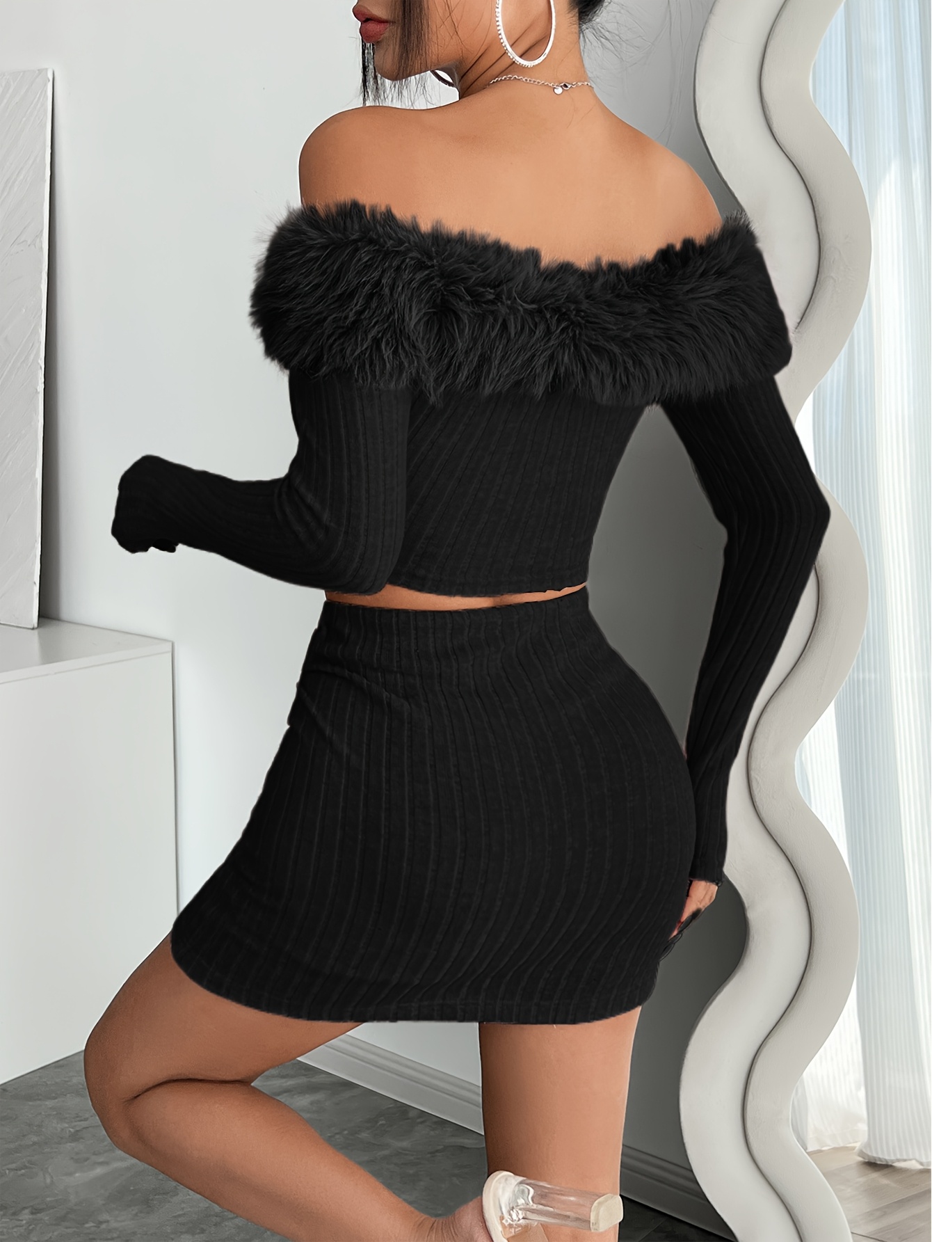 New Autumn-Winter • Gyaru & Cute Date Essential • Commuter Outfit & Party Wear • Solid Color Minimalist Texture • Off the Shoulder Design • Bodycon Long Sleeve Crop Top & Skirt • Women's Clothing Two-Piece Set - Image 5