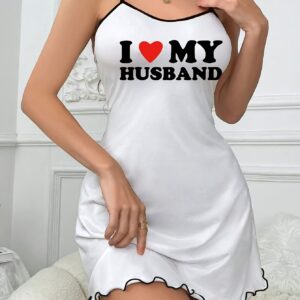 [Heart Print Nightgown] 1pc Women's Mint Green Heart Print Nightgown with "I Love My Husband" Lettering - Casual Spaghetti Strap Sleepwear, All-Season Comfort, Machine Washable