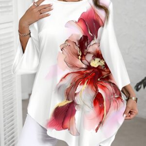 Plus Size, Plus Size Women's Summer New Fashion Printed Round Neck Shirt - Elegant Casual Top