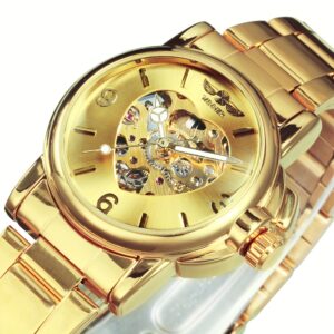 1pc Fashion Royal Golden Skeleton Atuomatic Mechanical Ladies Watches Luminous Hands Heart-Shaped Dial Luxury Stainless Steel Strap Top Brand Casual Christmas New Year Birthday Gifts