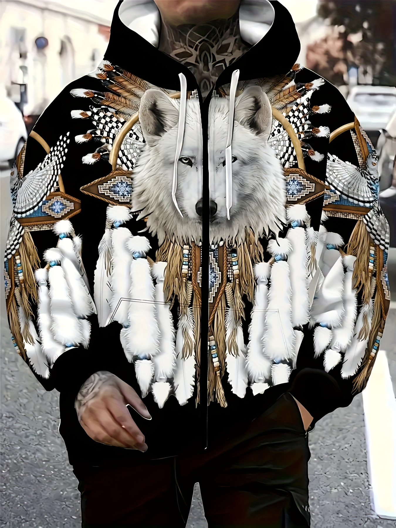 Plus Size Printed Hoodie with Zipper - Stylish Wolf King Graphic, Elastic Fabric Machine Washable for Fitness Running Spring Autumn Outdoor Casual Streetwear Niche Sportswear Eye-Catching Pattern Easy Care Long Sleeve Top, PLUS SIZE - Image 3