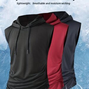 3PCSSportswear Men, Sleeveless Hooded Sweatshirts, Fitness Vests with Drawropes, Polyester Fabric, Cool and Breathable, Quick-drying Basketball Jackets, Suitable for Activities Such as Running, Cycling, Fishing and Home Scenarios