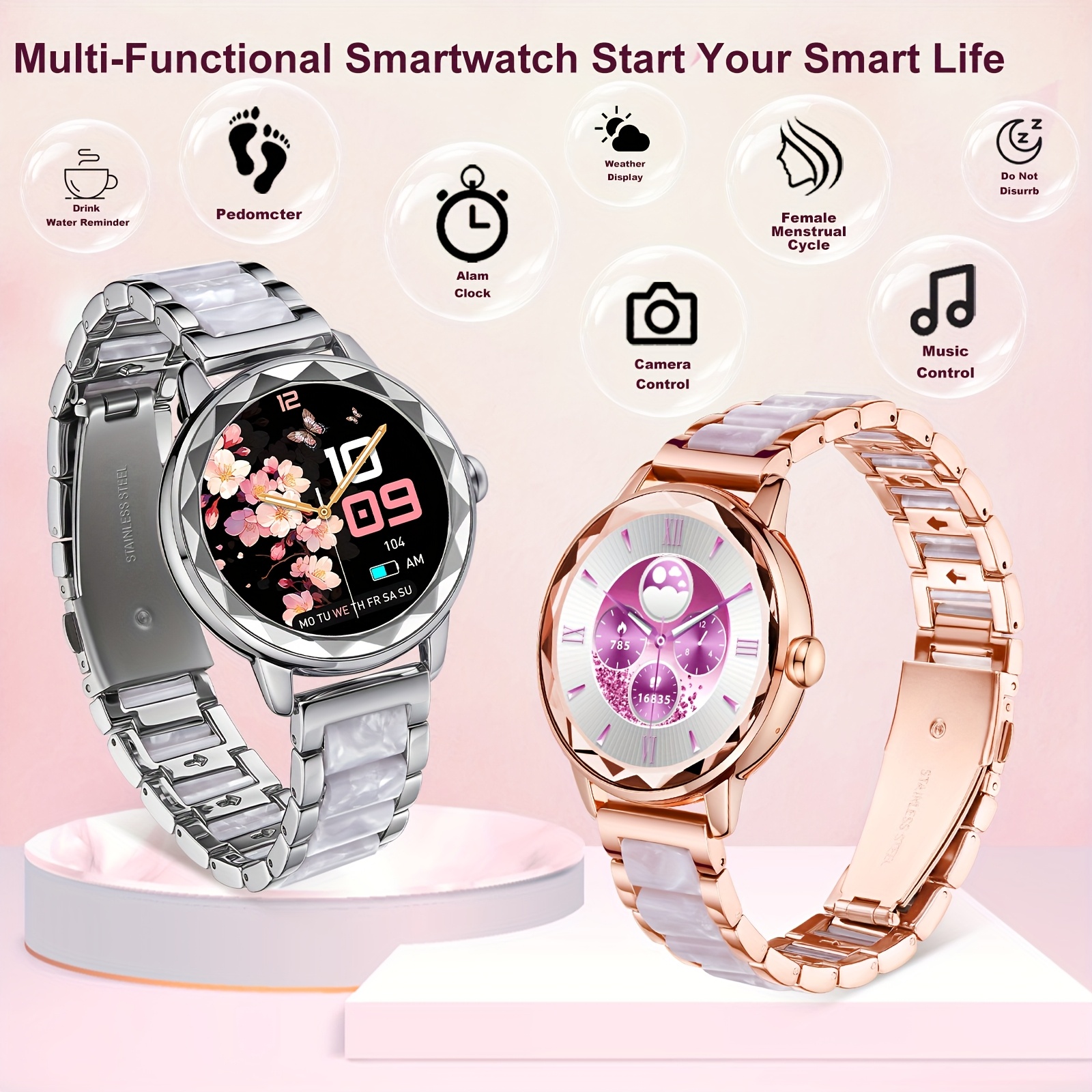HOMAILIDA Women'S Elegant Smart Watch with Floral Design, Wireless Calls, Messages, Camera Control, Pedometer, Alarm Clock - Rose Golden & White Strap, Magnetic Charging, Perfect Gift for Family & Friends, Smart Watch for Android Phones, Fitness Tracking, Classic Watch Design, Durable Watchband - Image 8