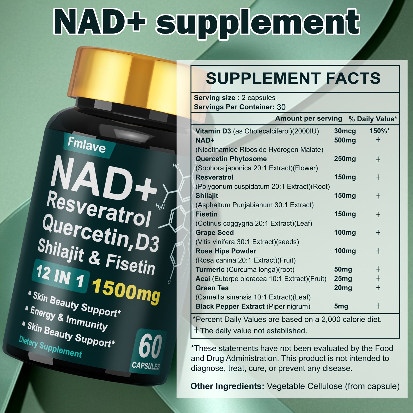 NAD+ Beauty Support Supplement, 12-in-1 Cellular Energy with Resveratrol, Fisetin, Turmeric & Black Pepper, Support Immunity & Brain Health for Women & Men, 30 Days Supply - Image 7