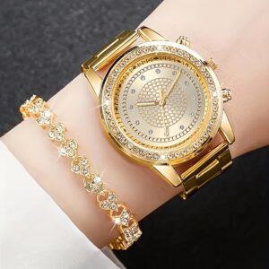 2pcs/set Women'S Watch and Bracelet Set | Gorgeous and Sparkly Quartz Watch with Rhinestones, Fashionable Jewelry Set, Non, Shock-resistant, Analog Display, Alloy Case and