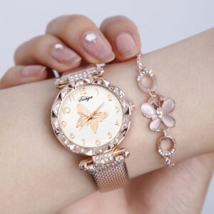 Fashionable Lady's Rhinestone-encrusted Watch Quartz Watch + Rose Golden Butterfly Bracelet