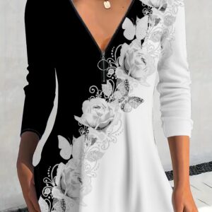 Floral Print V Neck T-Shirt, Casual Long Sleeve T-Shirt For Spring & Fall, Women's Clothing