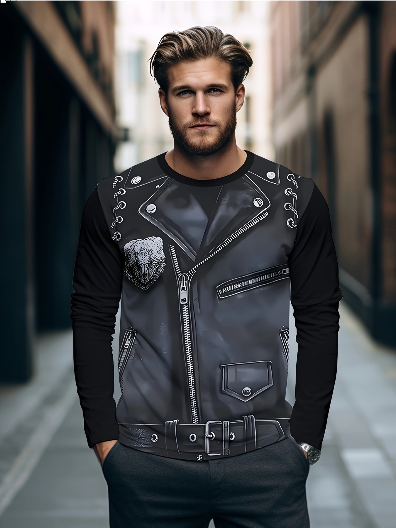 Men's 3D Digital Print Casual T-Shirt, Imitation Zipper Leather Pattern Print Novelty Long Sleeve 2025 New Gift Choice Breathable Stretch Fabric Crew Neck Suitable for all seasons, smooth texture Sporty Comfortable and versatile fashionable - Image 5