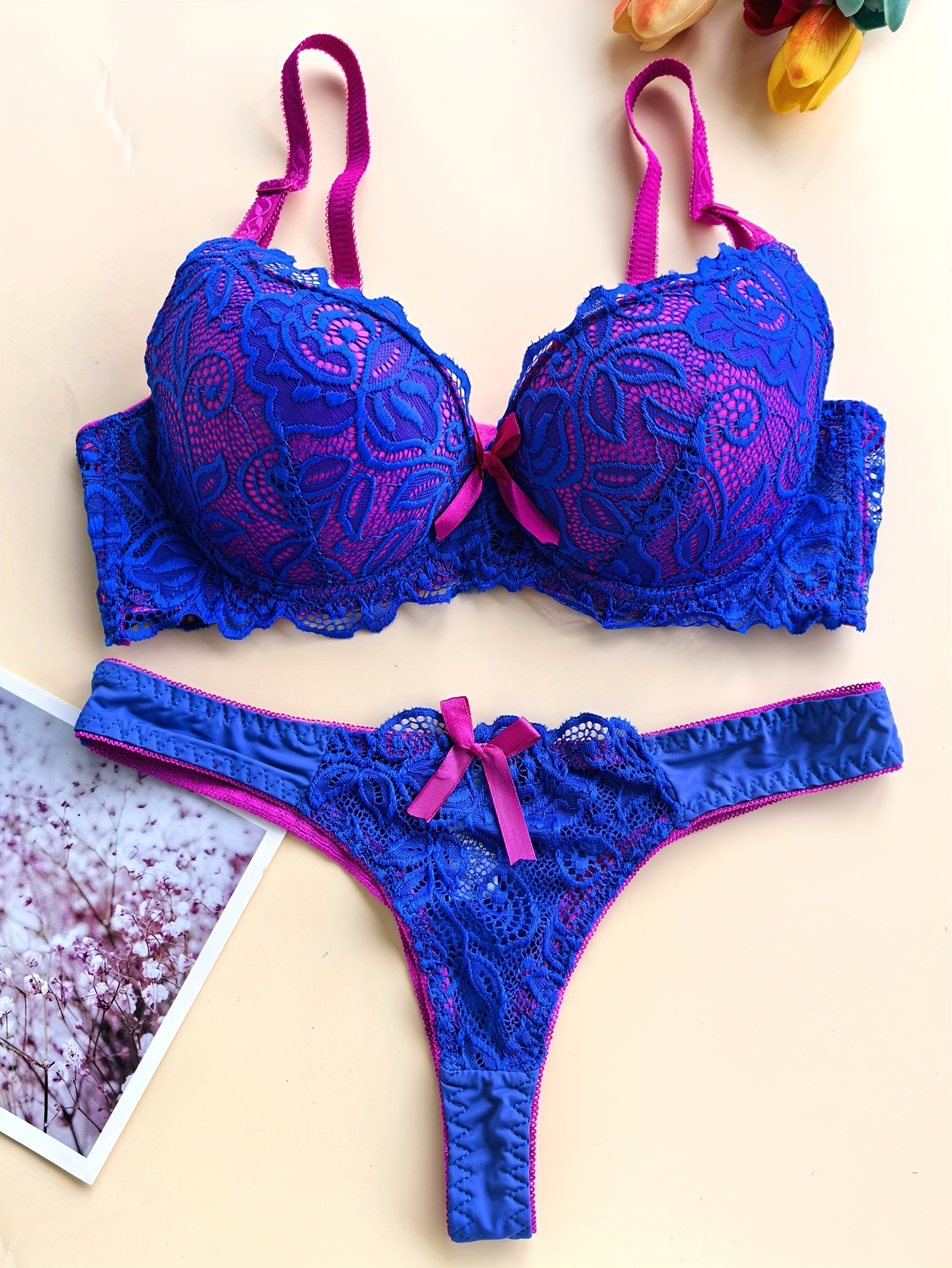 3pcs Set French-Style Women's Low-Rise Bikini Bra & Thong Underwear Set - Full Coverage Matching Color-Block Lingerie, Non-Detachable Pads, Elegant for married/Couple (Hand Wash Only) - FemaleSexy Line Special Collection - Image 3