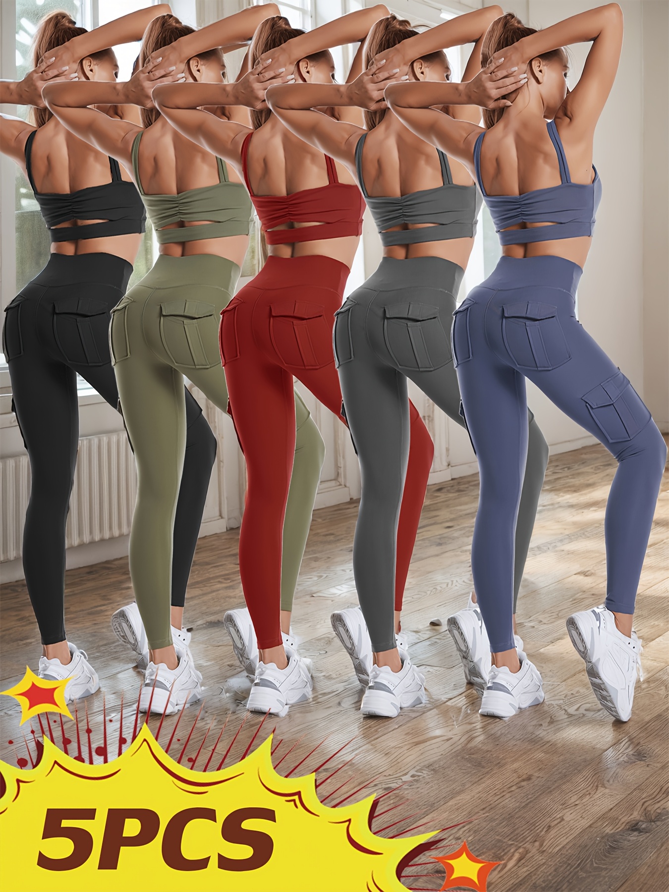 5pcs High Waist Yoga Leggings with 4 Pockets, Multipack Butt Lifting Tummy Control Workout Running 4 Way Stretch Cargo Sports Pants, 5pcs Leggings Set - Image 9