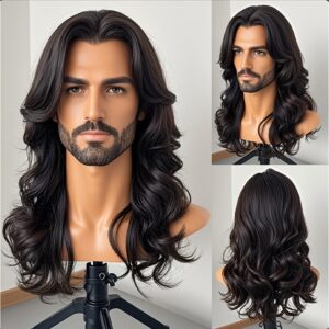 Men's Natural Black Loose Curly Wig - Middle Part Hairpiece with Tangle-Free Technology, Lightweight Breathable for Daily Wear & Special Occasions | Comfortable Matching for Light Beige Tones | Maintenance (No Styling)