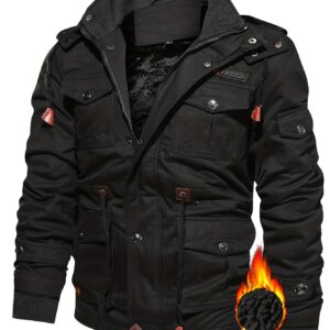 2025 New Winter Casual Multi-Pocket Fleece Jacket for Men, Outdoor Workwear with a Detachable Hood And Mid-Length Design.