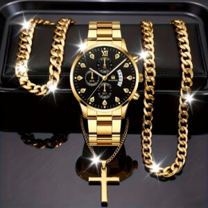 A Set Of 3 Stylish Men'S Quartz Watches, Including Chain Accessories, Necklace + Bracelet - Perfect for Casual Attire, Parties, Valentine'S Day, Easter, Christmas, Halloween, And Ramadan Gifts for Friends And Family., Party Accessories